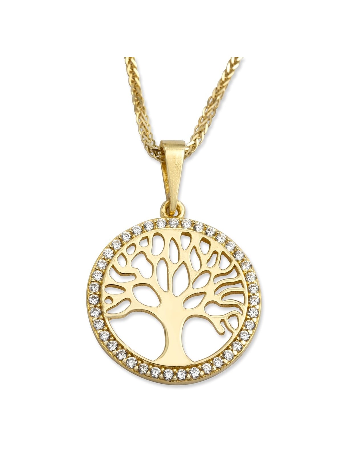 14K Yellow Gold and Cubic Zirconia Round Tree of Life Pendant Necklace