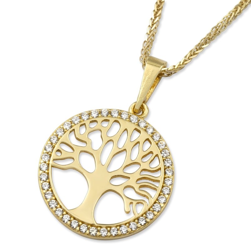 Collier pendentif rond arbre de vie en or jaune 14 carats et zircons cubiques