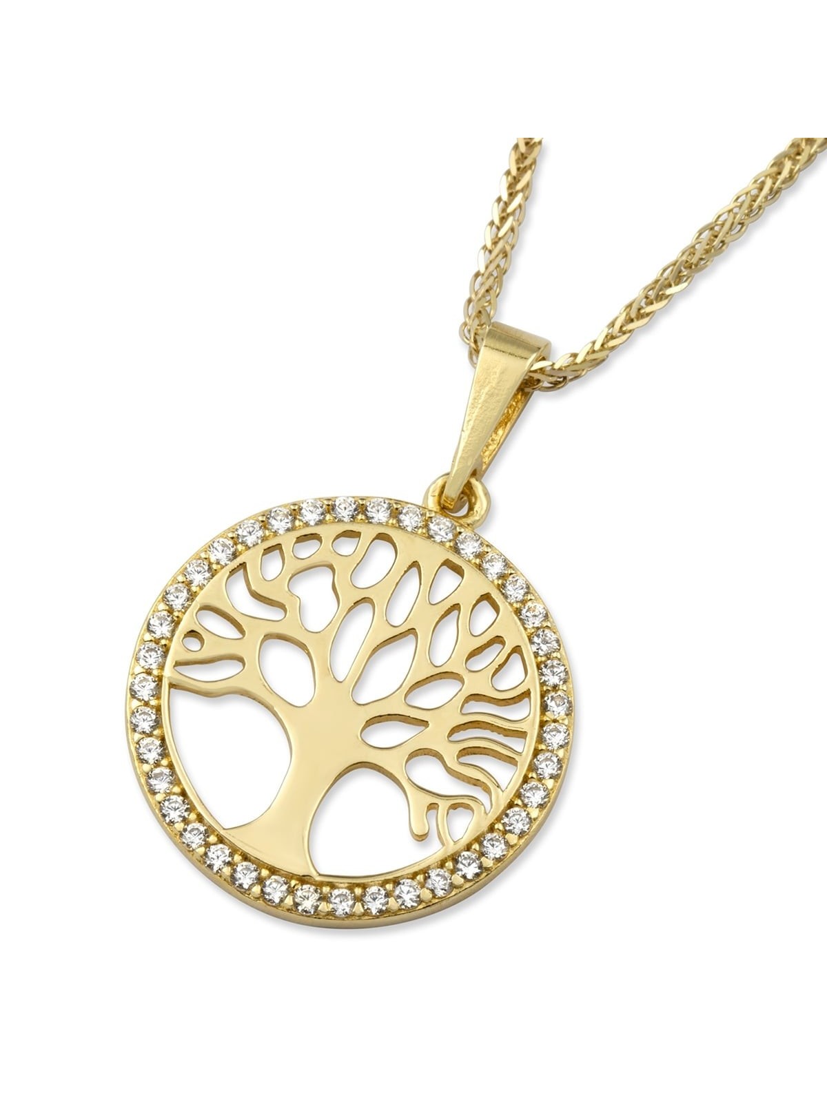 14K Yellow Gold and Cubic Zirconia Round Tree of Life Pendant Necklace