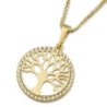 14K Yellow Gold and Cubic Zirconia Round Tree of Life Pendant Necklace