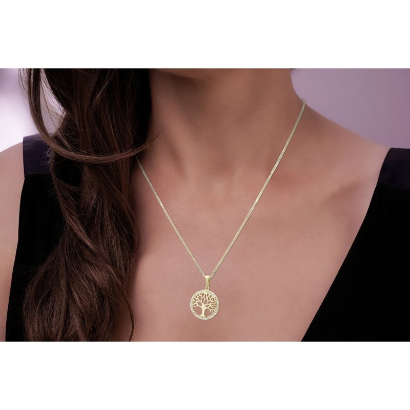 Collier pendentif rond arbre de vie en or jaune 14 carats et zircons cubiques