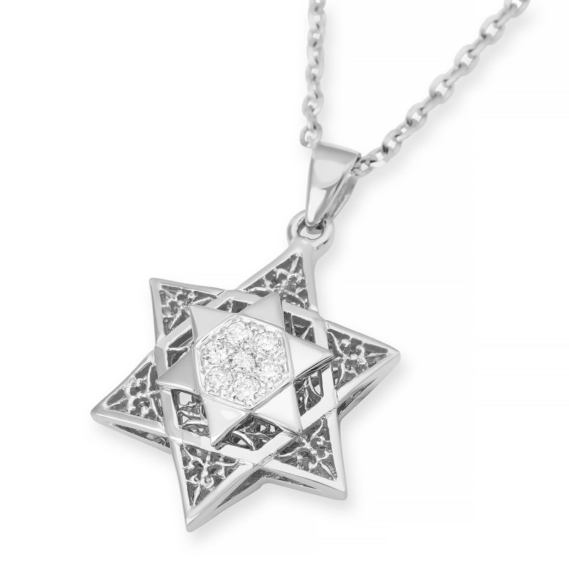 תליון מגן דוד זהב 14 קראט לנשים עם יהלומים - צבע אופ