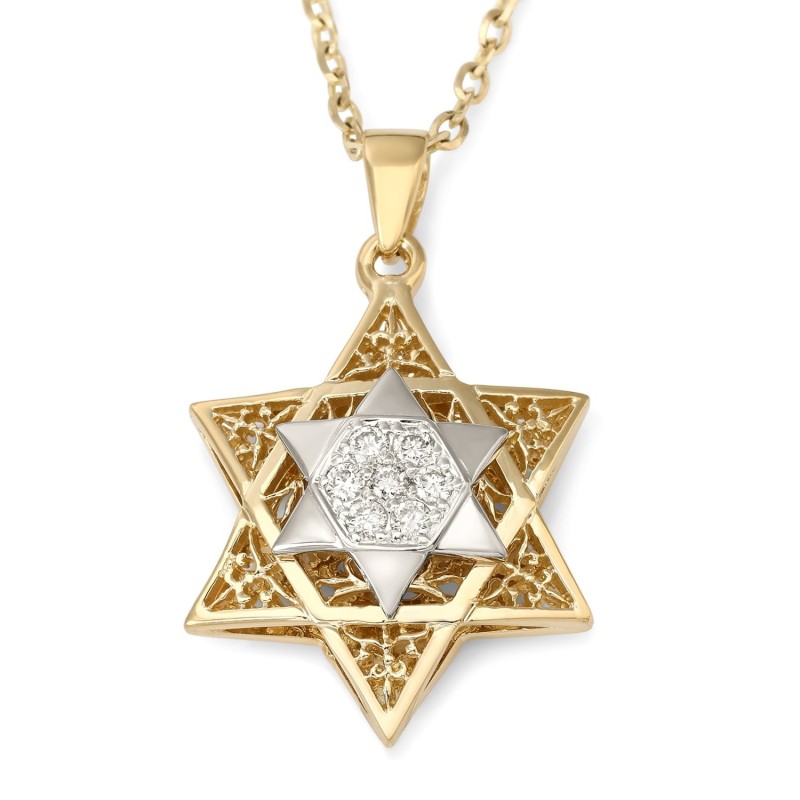 תליון מגן דוד זהב 14 קראט לנשים עם יהלומים - צבע אופ