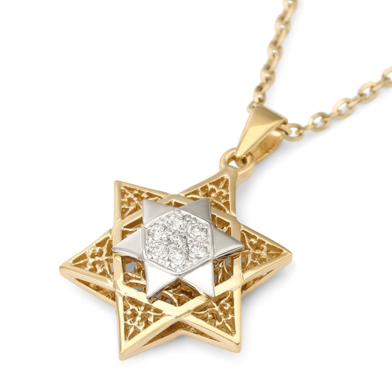 תליון מגן דוד זהב 14 קראט לנשים עם יהלומים - צבע אופ