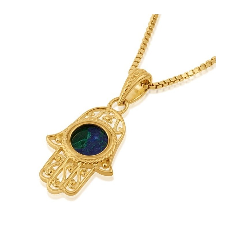 Collier Hamsa en filigrane d'argent plaqué or avec pierre d'Eilat
