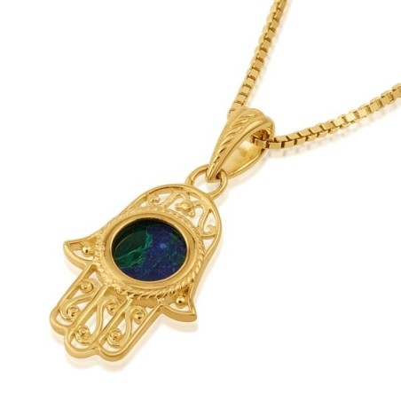 Collier Hamsa en filigrane d'argent plaqué or avec pierre d'Eilat