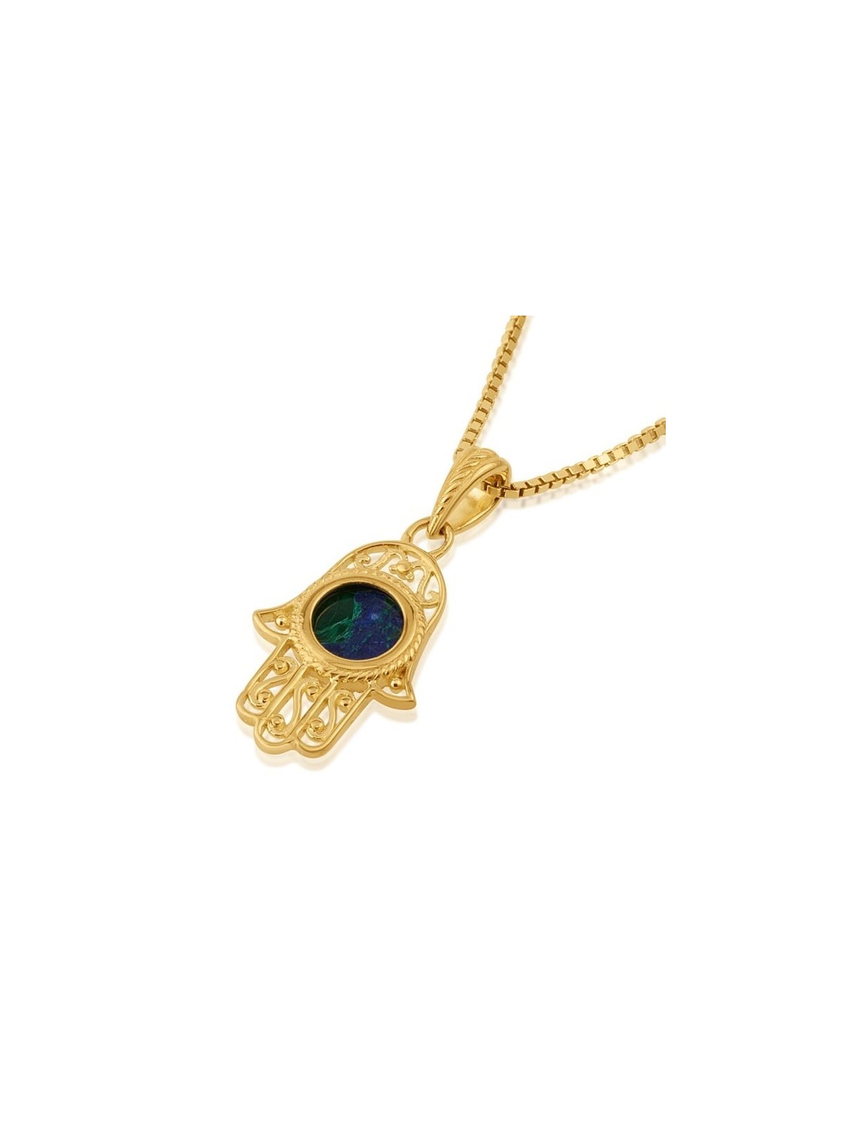 Collier Hamsa en filigrane d'argent plaqué or avec pierre d'Eilat