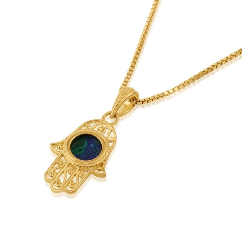 Collier Hamsa en filigrane d'argent plaqué or avec pierre d'Eilat