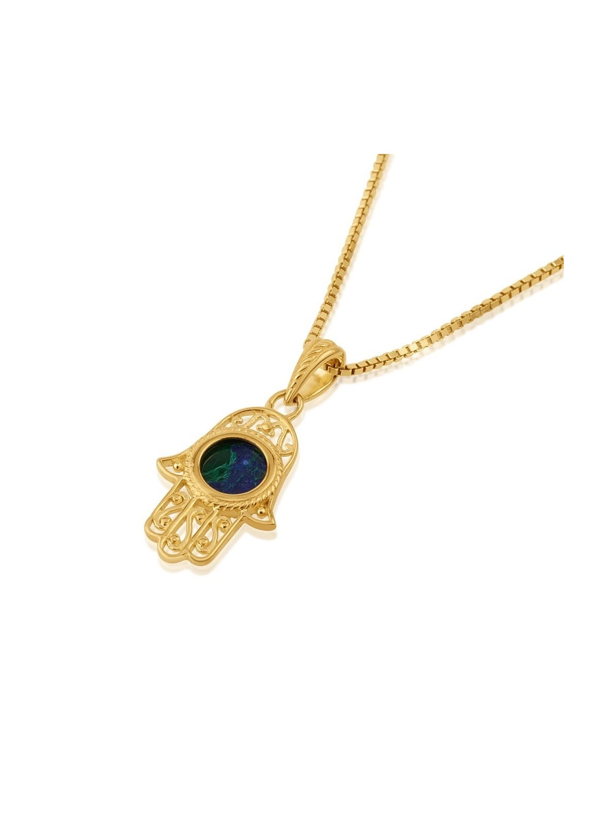 Collier Hamsa en filigrane d'argent plaqué or avec pierre d'Eilat