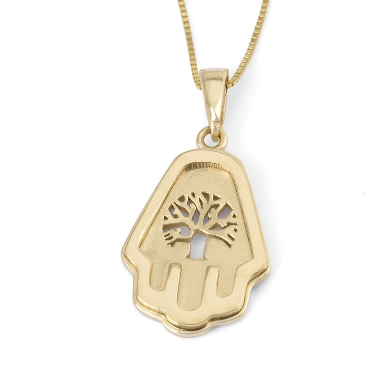 Collier pendentif Hamsa et arbre de vie en or 14 carats