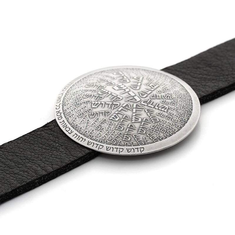 Bracelet médaillon Kadosh (Saint) plaqué argent et bracelet en cuir