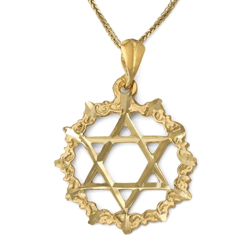 14K Gold Large Unisex Star of David Pendant with Filigree-Designed Cir