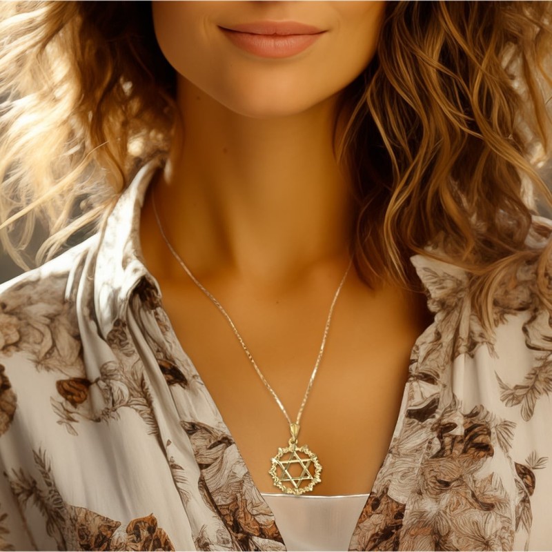14K Gold Large Unisex Star of David Pendant with Filigree-Designed Cir