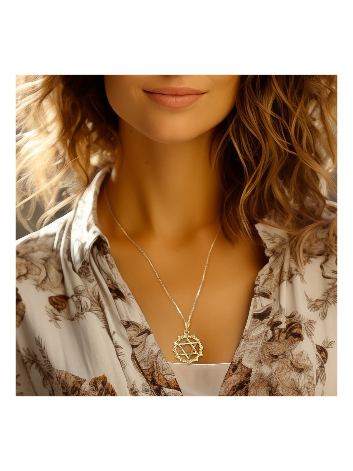 14K Gold Large Unisex Star of David Pendant with Filigree-Designed Cir