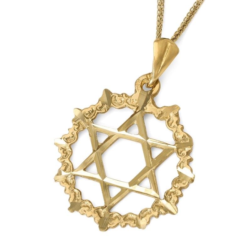 Grand pendentif étoile de David unisexe en or 14 carats avec cercle conçu en filigrane