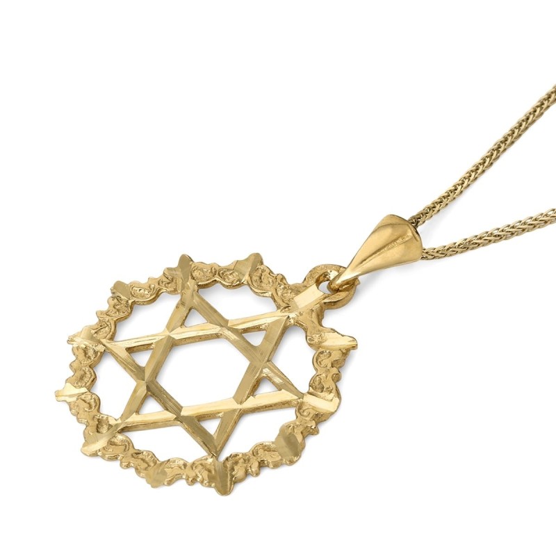 14K Gold Large Unisex Star of David Pendant with Filigree-Designed Cir