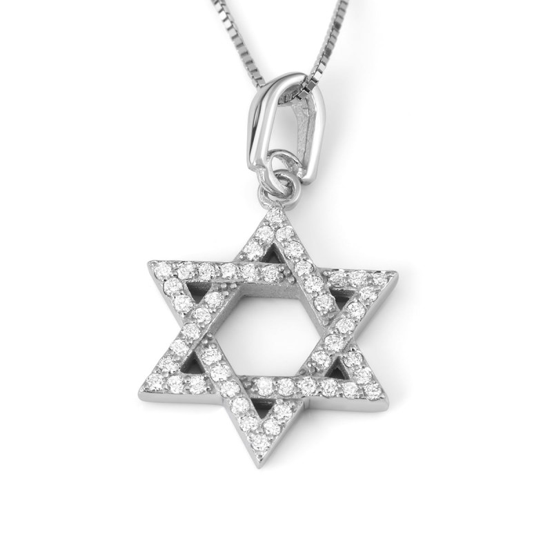 Pendentif étoile de David entrelacée en or blanc 14 carats rehaussé de diamants Nec