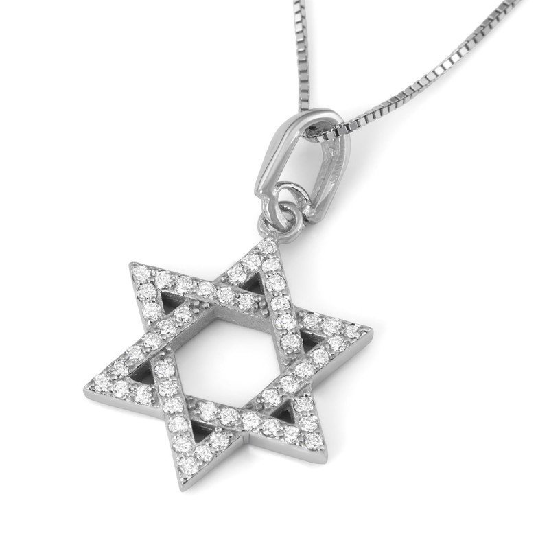 Pendentif étoile de David entrelacée en or blanc 14 carats rehaussé de diamants Nec