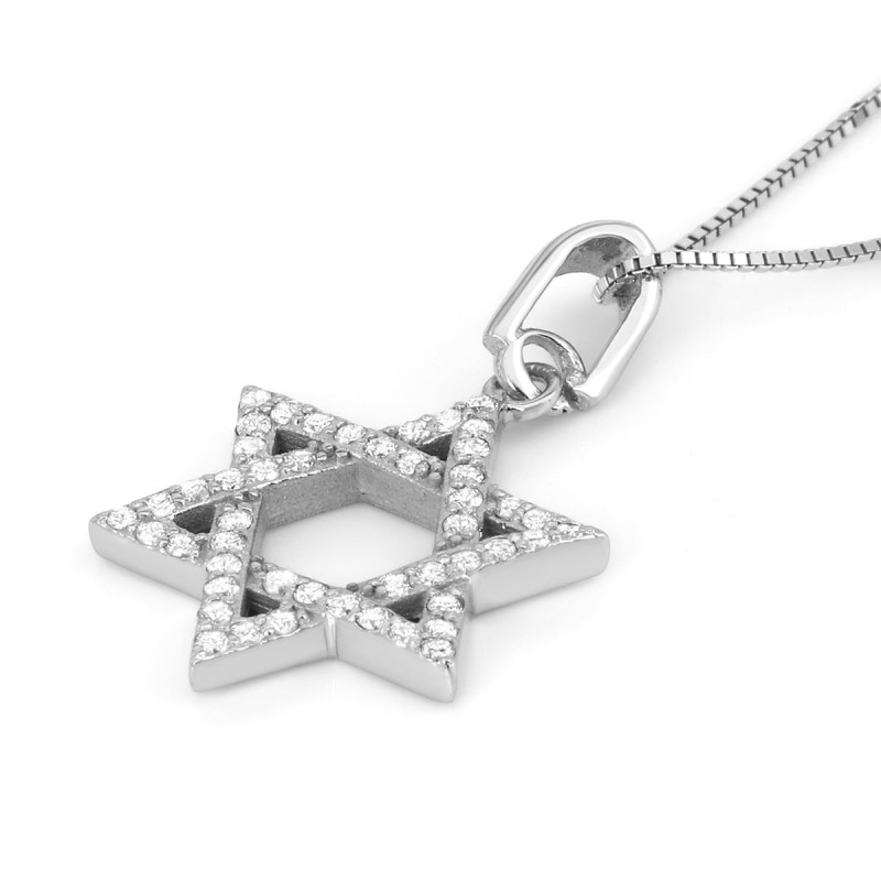 Pendentif étoile de David entrelacée en or blanc 14 carats rehaussé de diamants Nec
