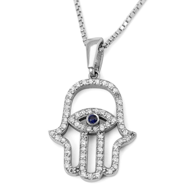 Pendentif Hamsa Evil Eye en or blanc 14 carats avec saphir et clouté avec D