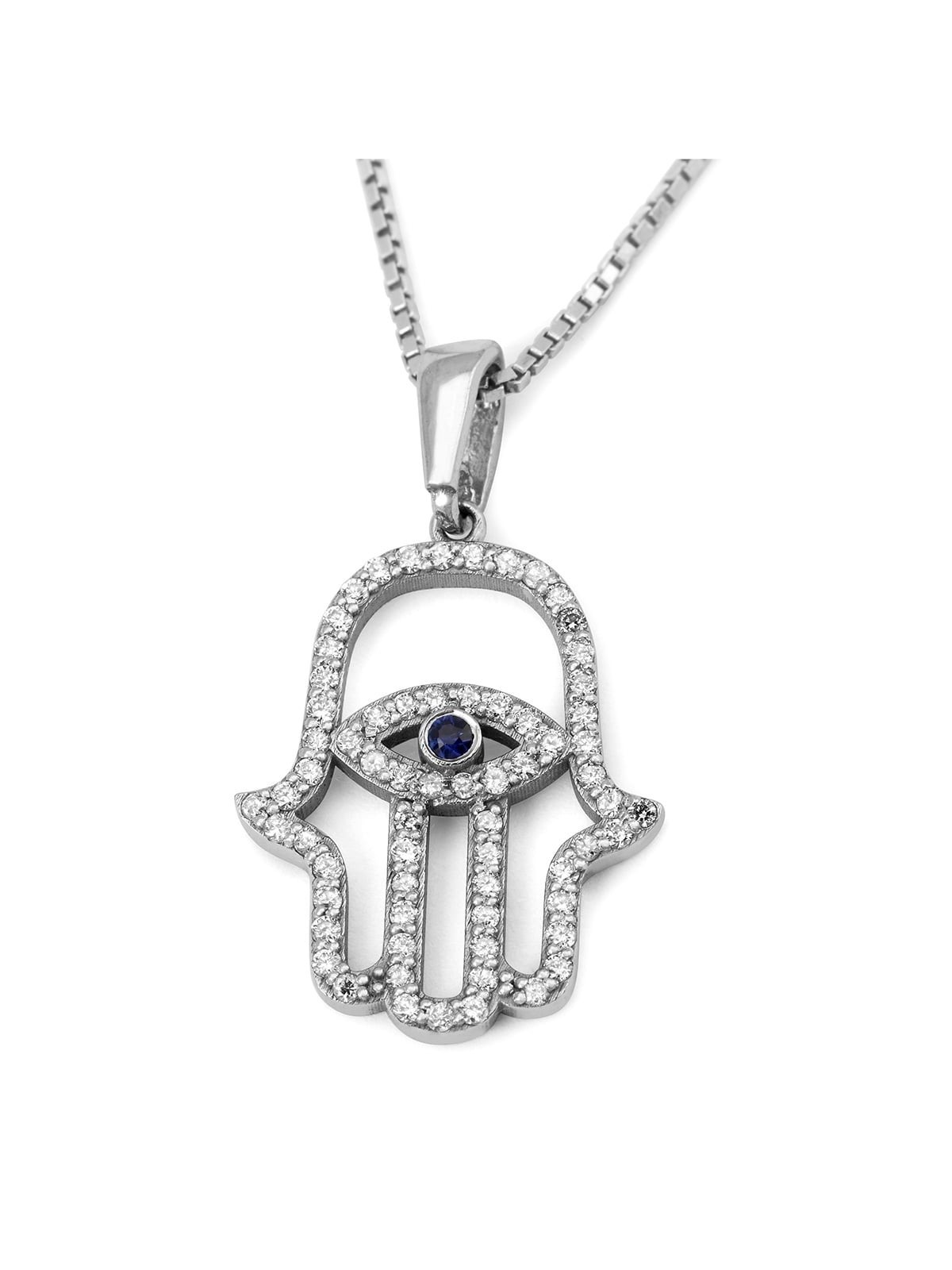 Pendentif Hamsa Evil Eye en or blanc 14 carats avec saphir et clouté avec D
