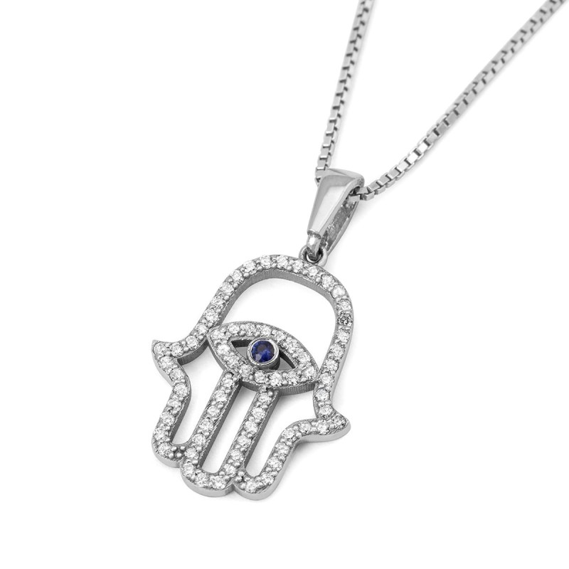 Pendentif Hamsa Evil Eye en or blanc 14 carats avec saphir et clouté avec D