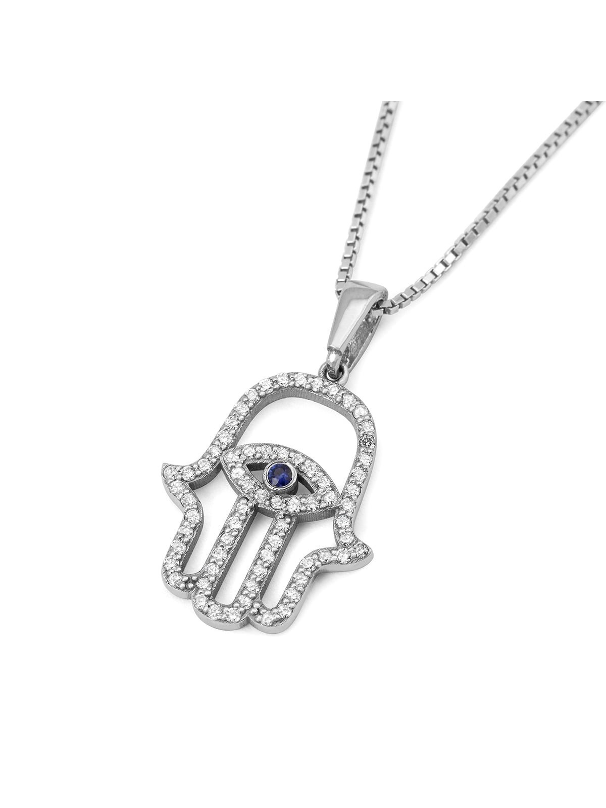 Pendentif Hamsa Evil Eye en or blanc 14 carats avec saphir et clouté avec D
