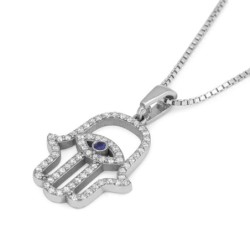 14K White Gold Hamsa Evil Eye Pendant with Sapphire and Studded with D