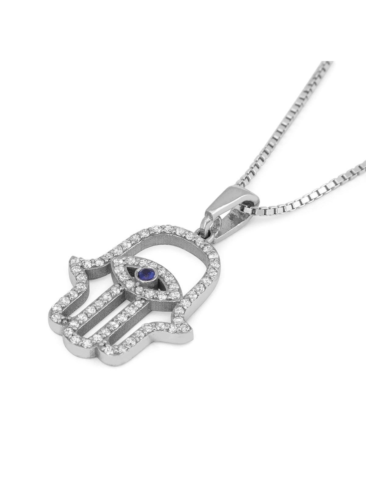 Pendentif Hamsa Evil Eye en or blanc 14 carats avec saphir et clouté avec D