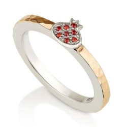 925 Sterling Silver & 9K Gold Hammered Pomegranate Ring with Zircon St