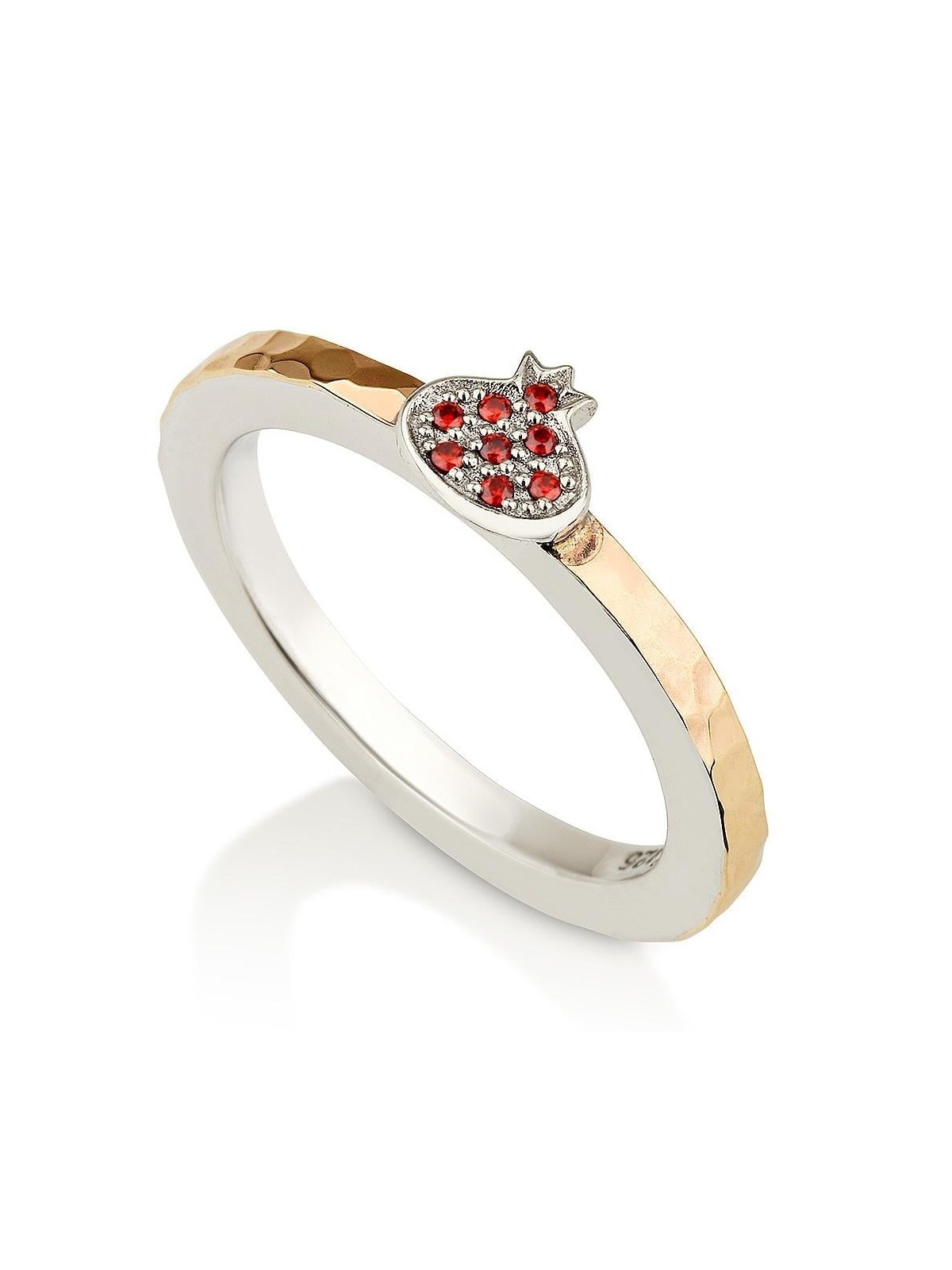 Bague grenade martelée en argent sterling 925 et or 9 carats avec zircon St