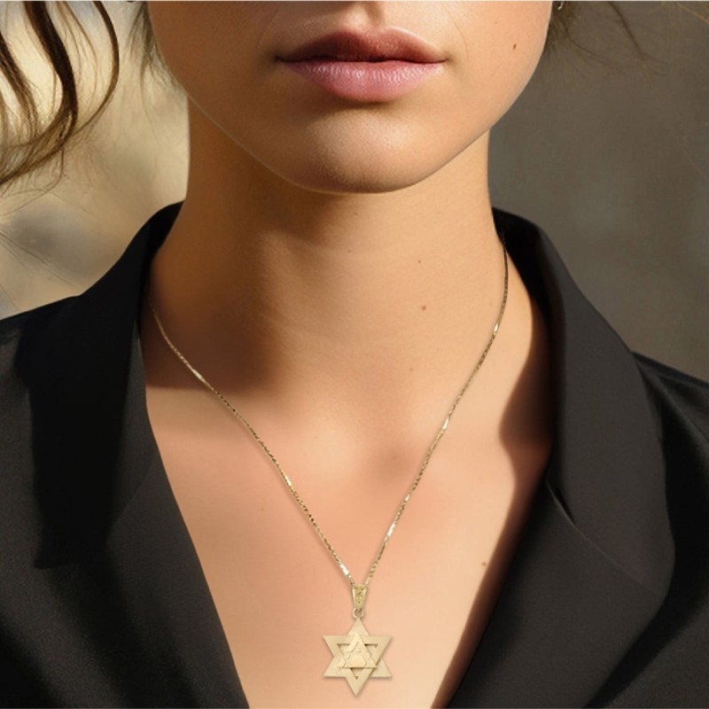 Pendentif étoile de David unisexe triple couche en or 14 carats