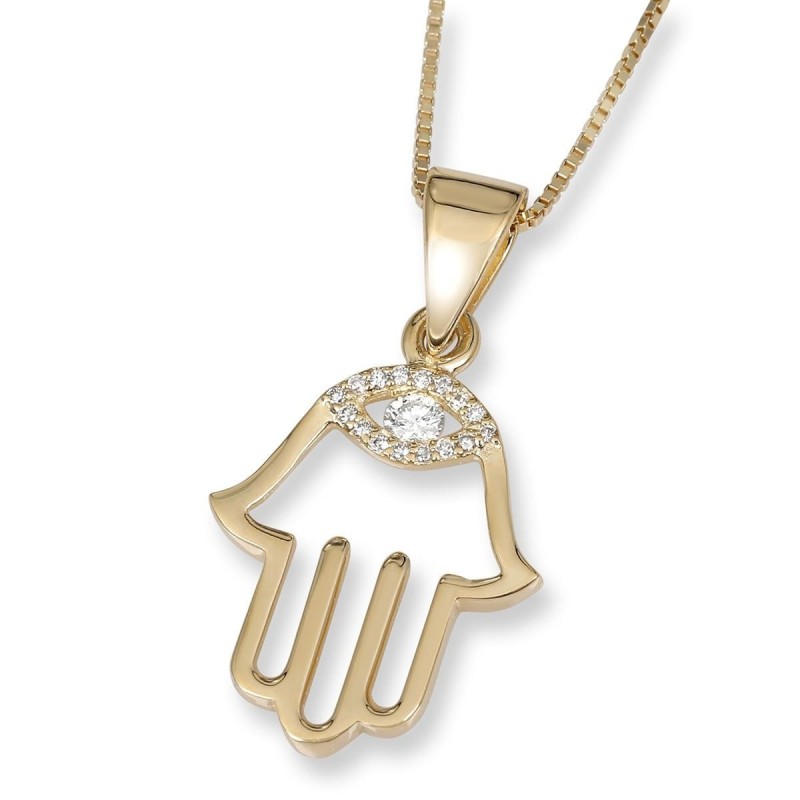 Collier pendentif Hamsa en or 14 carats avec motif mauvais œil rehaussé de diamants