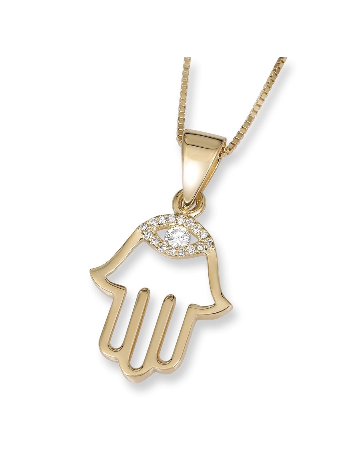 14K Gold Hamsa Pendant Necklace With Diamond-Accented Evil Eye Design