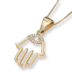 14K Gold Hamsa Pendant Necklace With Diamond-Accented Evil Eye Design