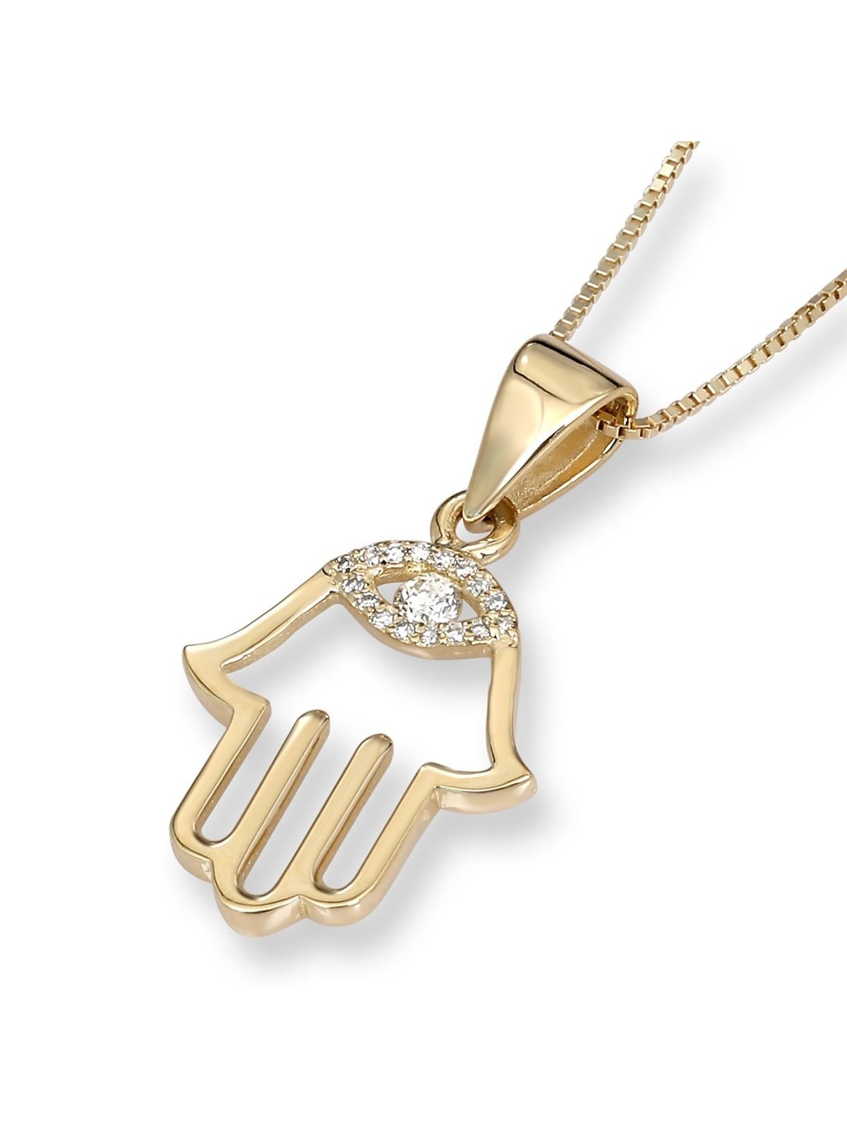 14K Gold Hamsa Pendant Necklace With Diamond-Accented Evil Eye Design