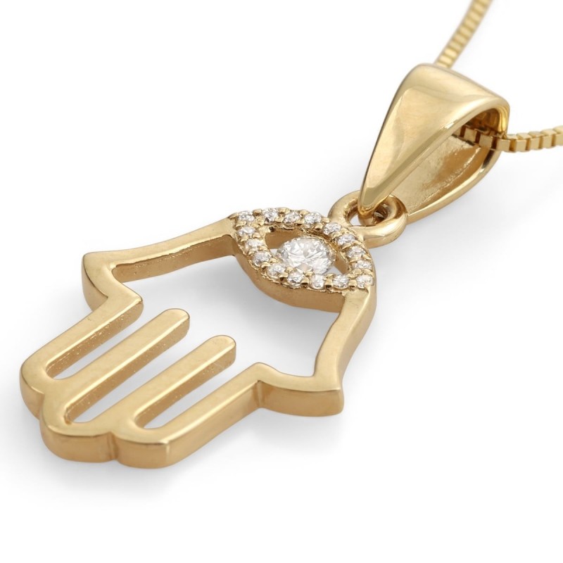 14K Gold Hamsa Pendant Necklace With Diamond-Accented Evil Eye Design