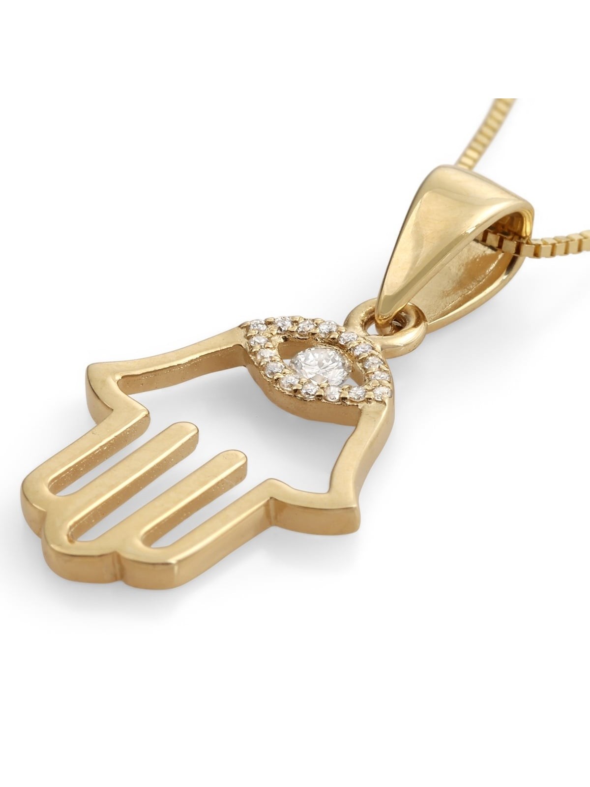 Collier pendentif Hamsa en or 14 carats avec motif mauvais œil rehaussé de diamants