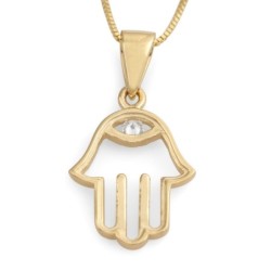 14K Gold Hamsa Pendant Necklace With Diamond-Accented Evil Eye Design