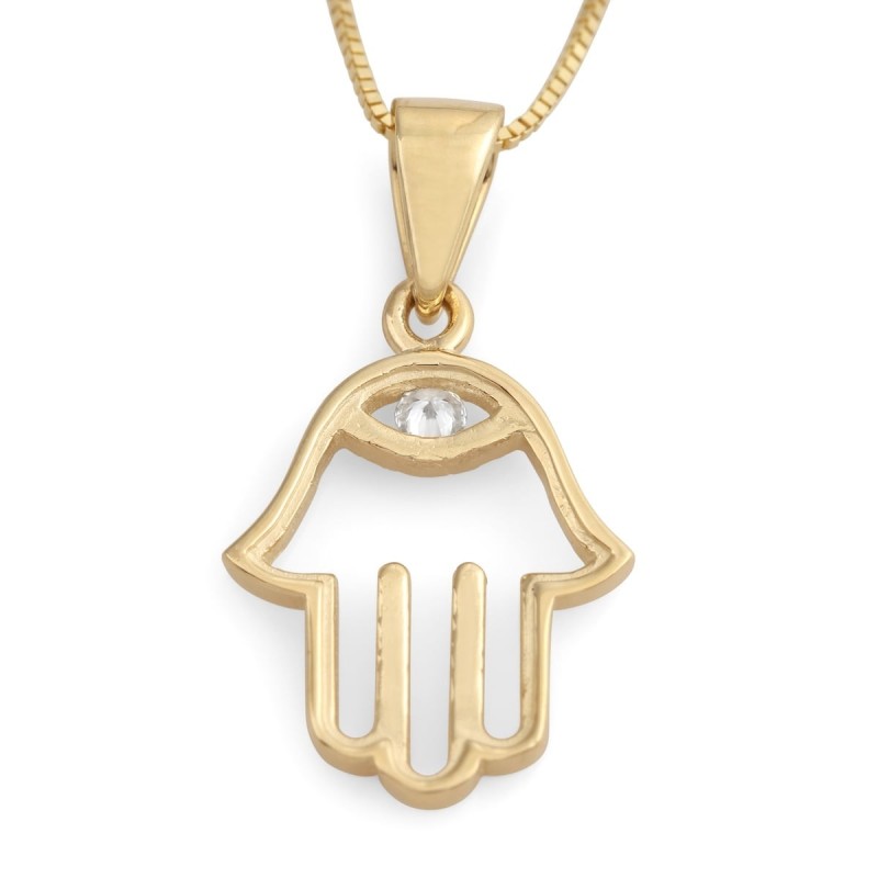 Collier pendentif Hamsa en or 14 carats avec motif mauvais œil rehaussé de diamants