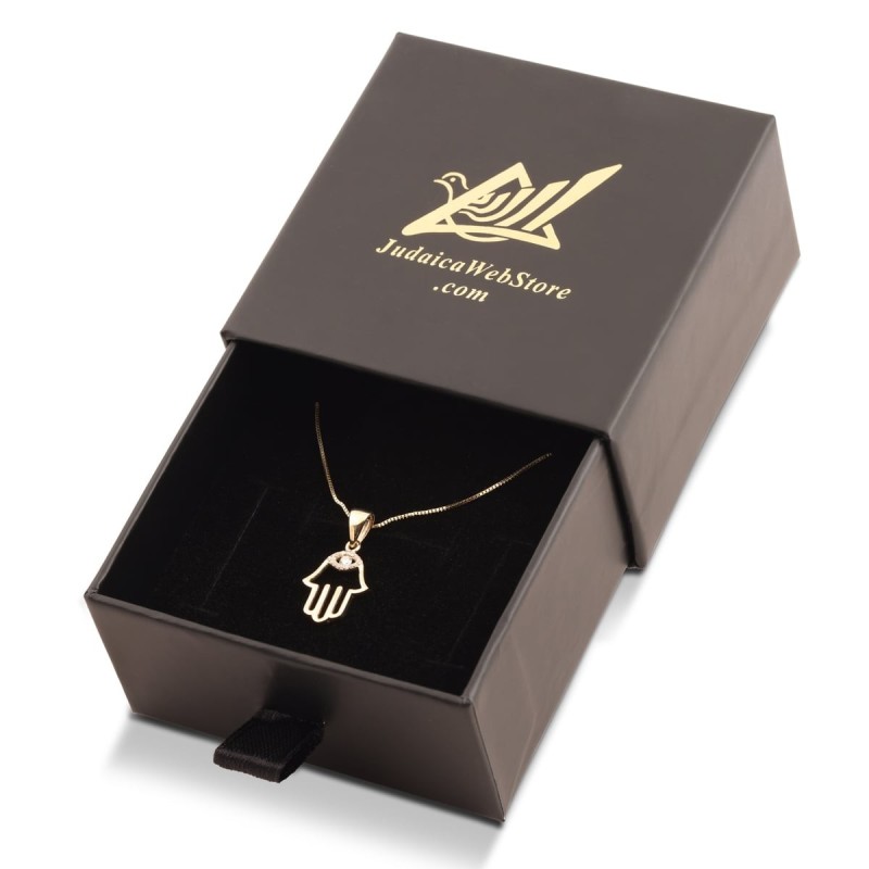 Collier pendentif Hamsa en or 14 carats avec motif mauvais œil rehaussé de diamants