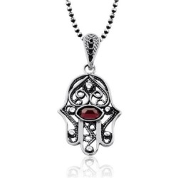 Sterling Silver Filigree Hamsa Necklace with Garnet Stone