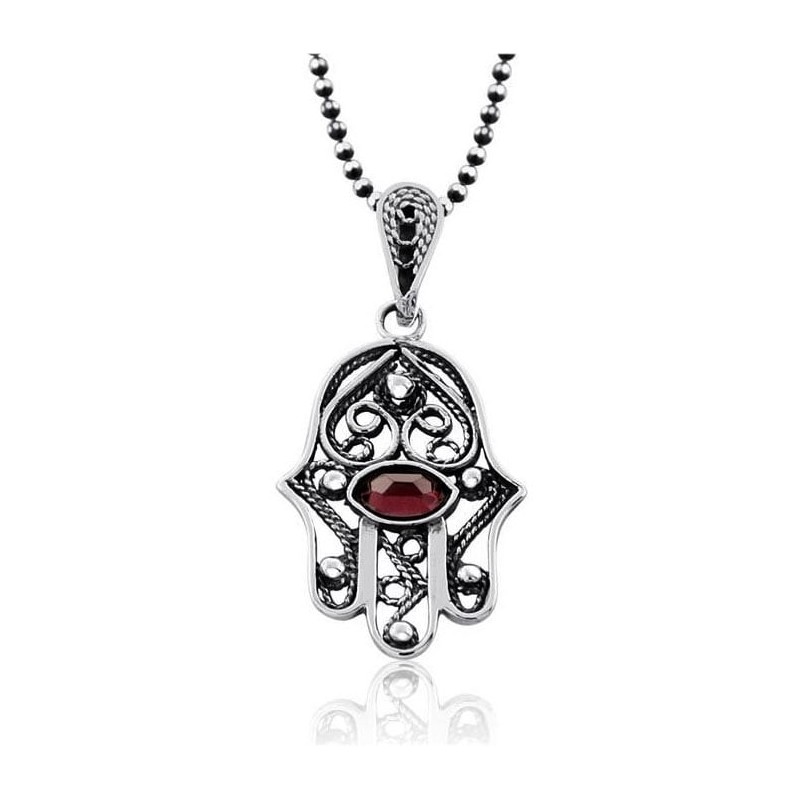 Sterling Silver Filigree Hamsa Necklace with Garnet Stone