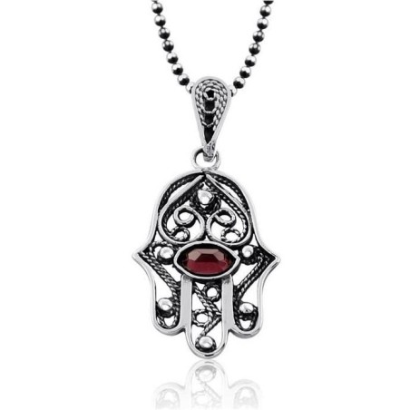 Sterling Silver Filigree Hamsa Necklace with Garnet Stone