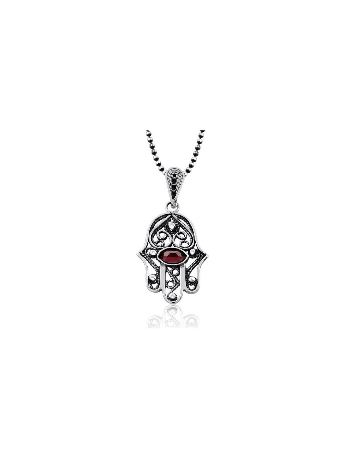 Collier Hamsa en filigrane en argent sterling avec pierre grenat