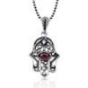 Sterling Silver Filigree Hamsa Necklace with Garnet Stone