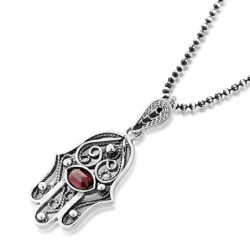 Sterling Silver Filigree Hamsa Necklace with Garnet Stone