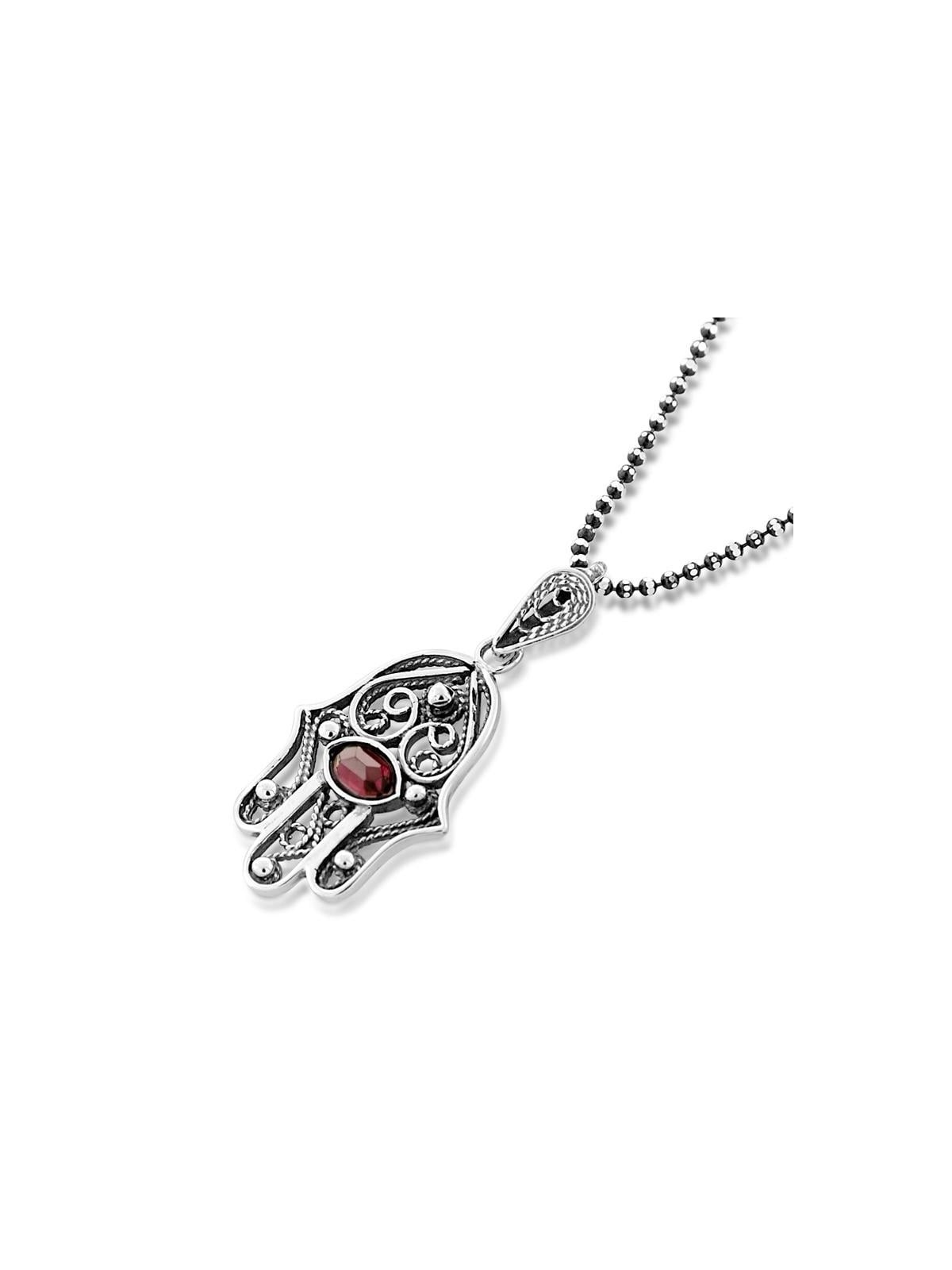 Sterling Silver Filigree Hamsa Necklace with Garnet Stone