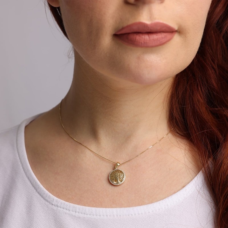 14K Gold Tree of Life Pendant Necklace with Sparkling Diamonds