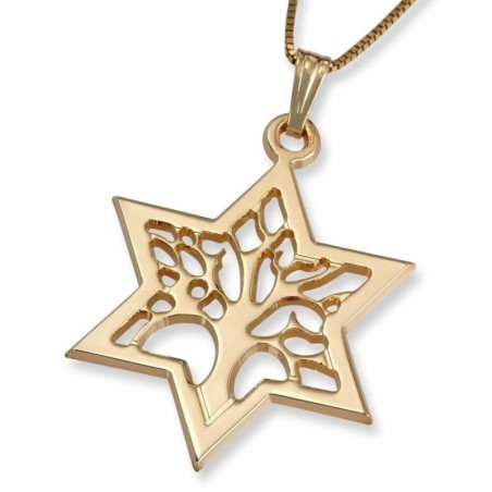 14K Gold Star of David and Tree of Life Pendant Necklace (Choice of Co